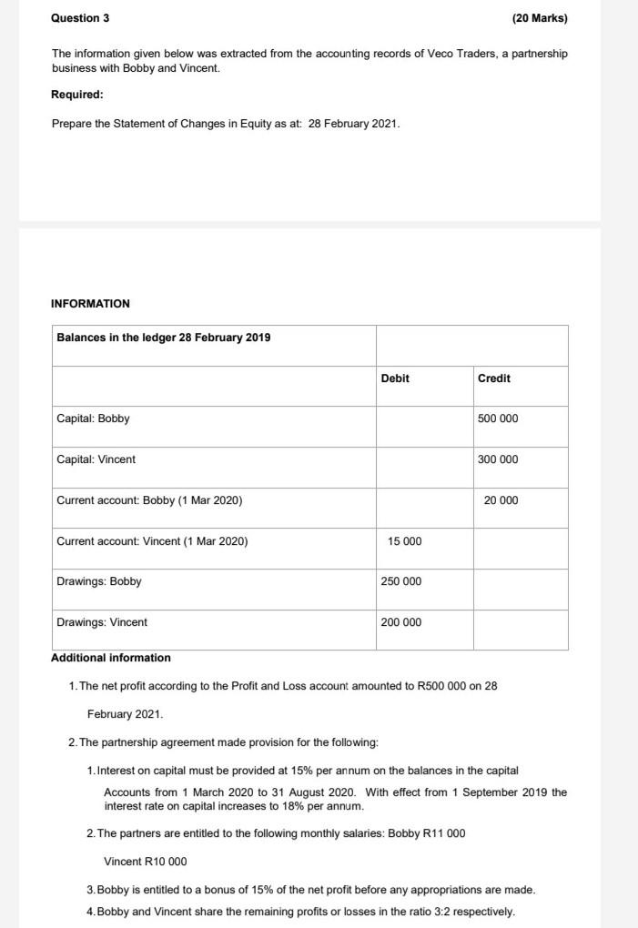  Question 3 (20 Marks) The information given below was extracted from