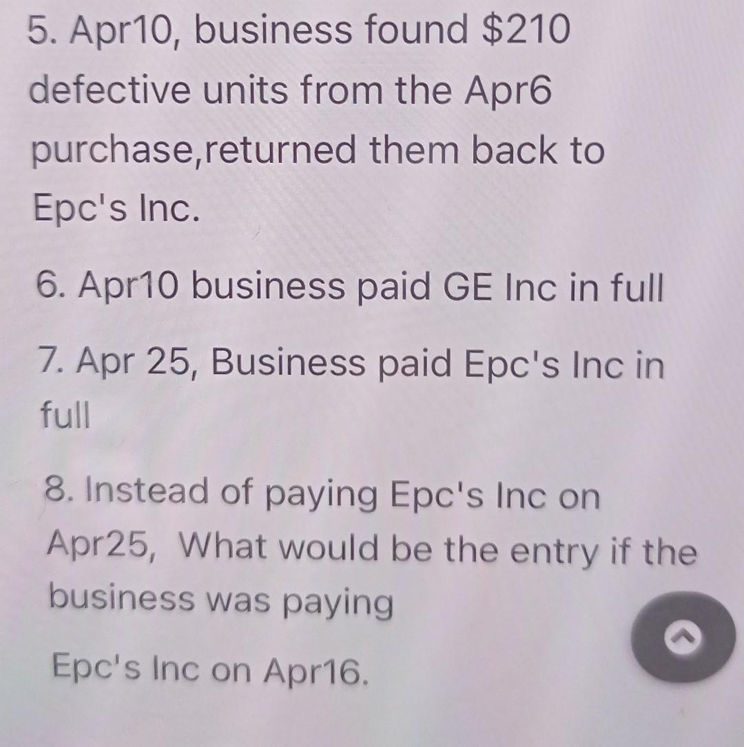 Inventory System) 1. Apr2, business bought $5,100 inventory from the GE Inc.