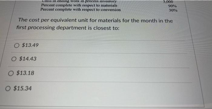 Data concerning the first processing department for the most recent month are