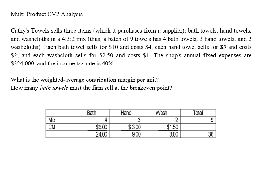 Multi-Product CVP Analysis Cathy's Towels sells three items (which it purchases