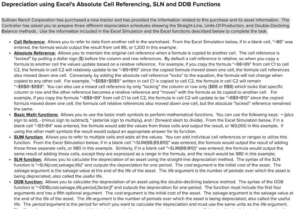 Depreciation using Excel's Absolute Cell Referencing, SLN and DDB Functions Sullivan