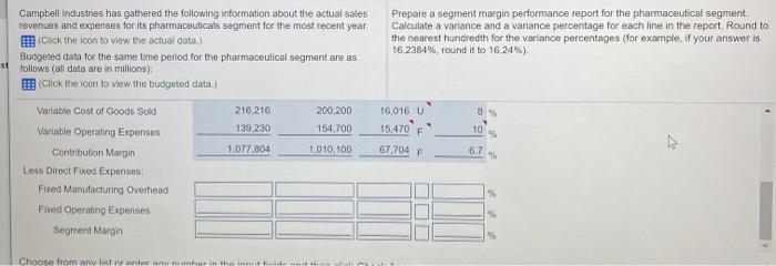  Prepare a segment margin performance report for the pharmaceutical segment Calculate