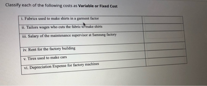  Classify each of the following costs as Variable or Fixed Cost