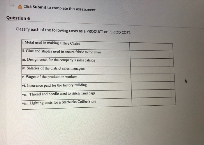 Tires used to make cars Depreciation Expense for factory machines Classify each