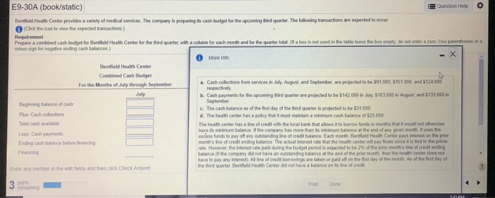  ?Question Help * E9-30A (book/static) Bentfield Health Center provides a varlety