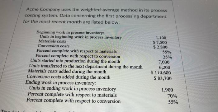  Acme Company uses the weighted-average method in its process costing system.