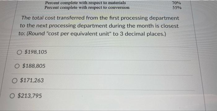 Data concerning the first processing department for the most recent month are