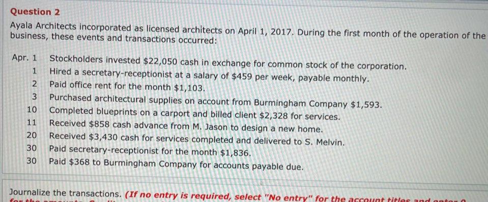  Question 2 Ayala Architects incorporated as licensed architects on April 1,
