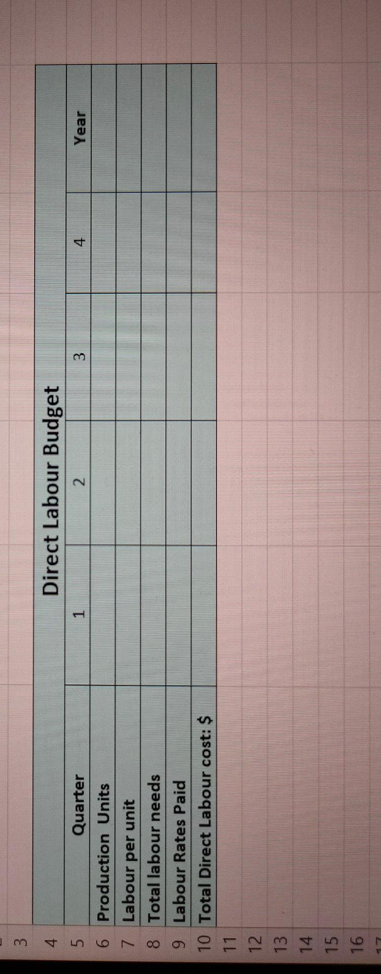 2023: \begin{tabular}{|c|l|l|l|l|l|l|} 4 & \multicolumn{3}{|c|}{ Direct Labour Budget } \\ \cline {