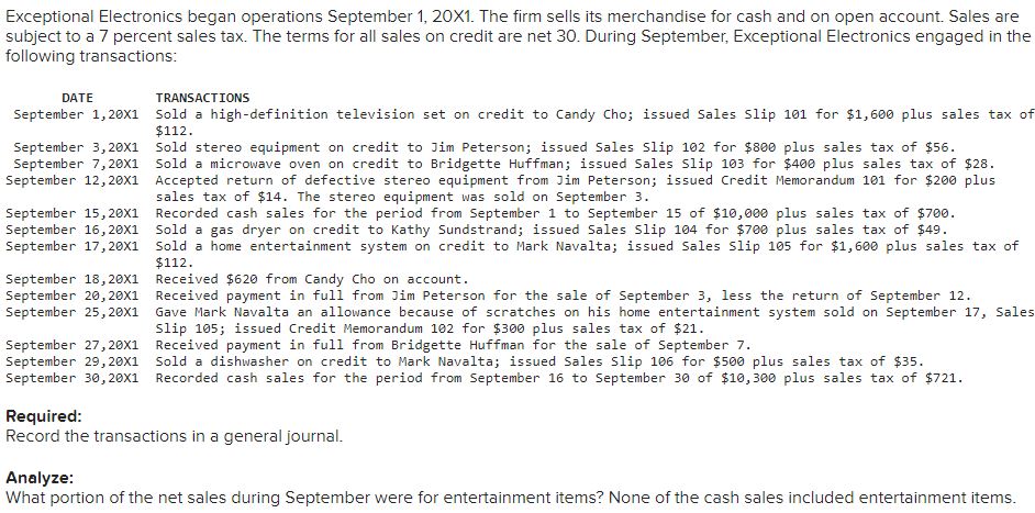  Exceptional Electronics began operations September 1,20X1. The firm sells its merchandise