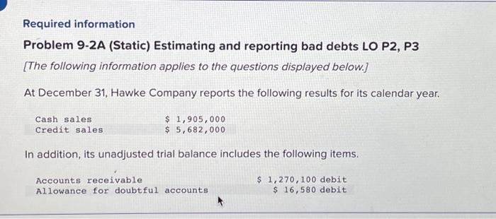  Required information Problem 9-2A (Static) Estimating and reporting bad debts LO