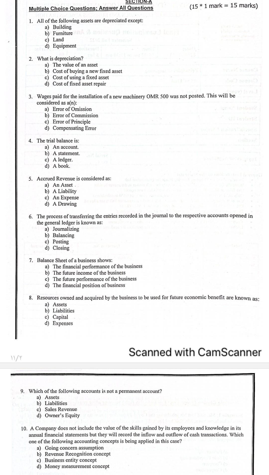  Multiple Choice Questions; Answer All Questions (151 mark = 15 marks