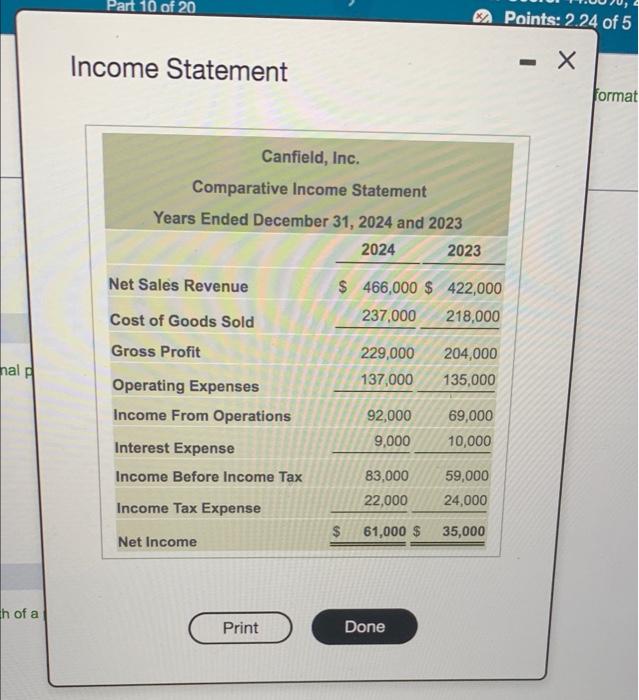 Canfield, Inc. follow: (Click the icon to view the income statement.) (Click