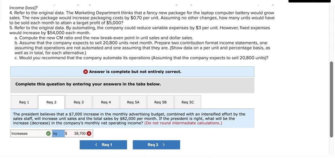 Ratio; Break-Even Analysis; Cost Structure [LO5-1, LO5-3, LO5-4, LO5-5, LO5-6] Due to