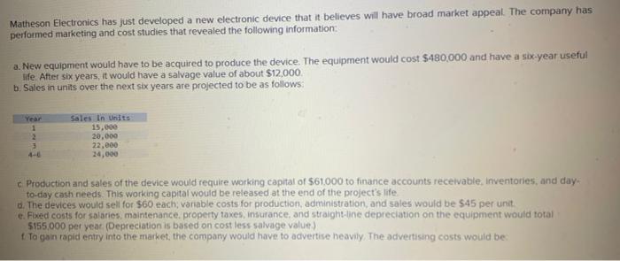 project 3-3 Matheson Electronics has just developed a new electronic device that