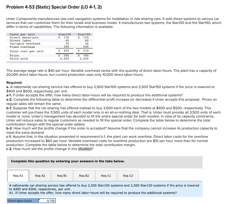  Problem 4-53 (Static) Special Order (LO 4-1, 2) Unter Components manufactures