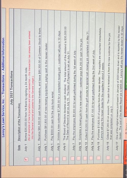 transactions for Lenny's Lawn Service, Inc. After recording the July transactions you