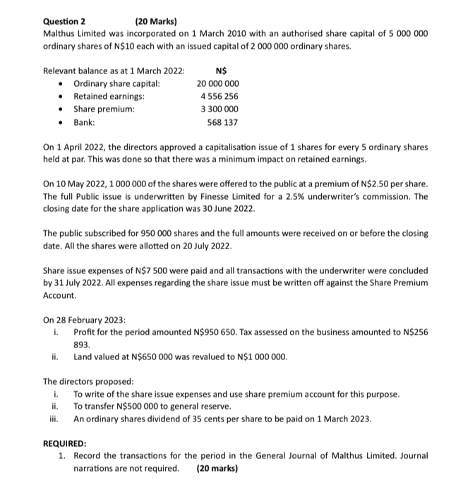  Question 2 (20 Marks) Malthus Limited was incorporated on 1 March