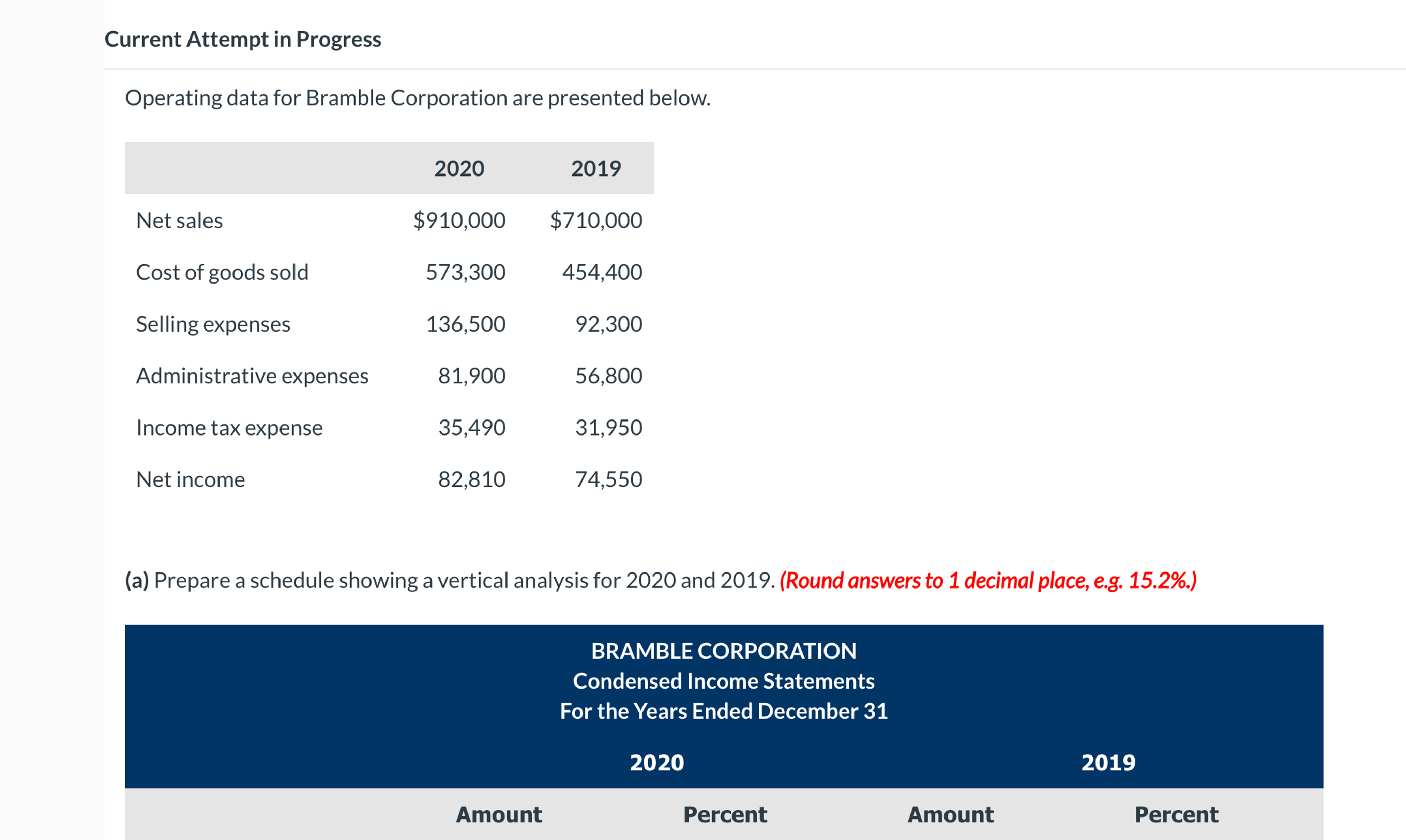  Current Attempt in Progress Operating data for Bramble Corporation are presented