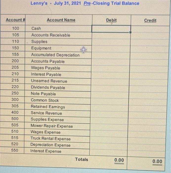 tab and record Pre-Closing Trial Balance. Print the July 31, 2021 Pre-Closing