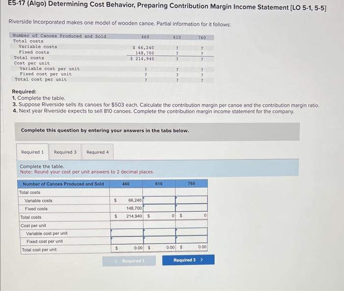  E5-17 (Algo) Determining Cost Behavior, Preparing Contribution Margin Income Statement [LO
