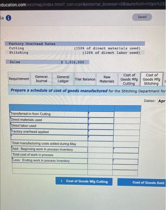 materials enter production at the beginning of the Cutting process. The following