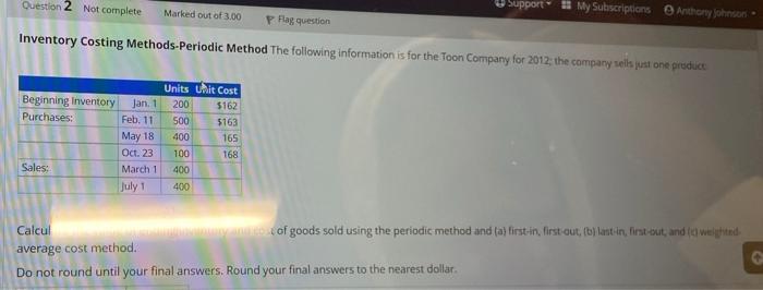  Question 2 Not complete Support My Subscriptions Antony Marked out of