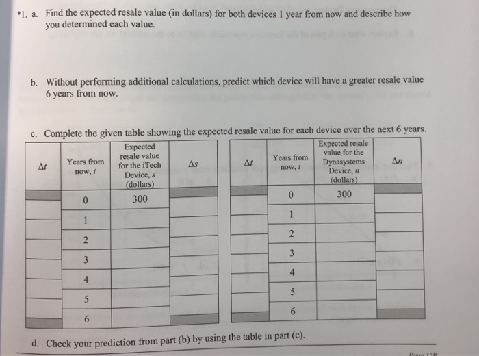  1. a. Find the expected resale value (in dollars) for both