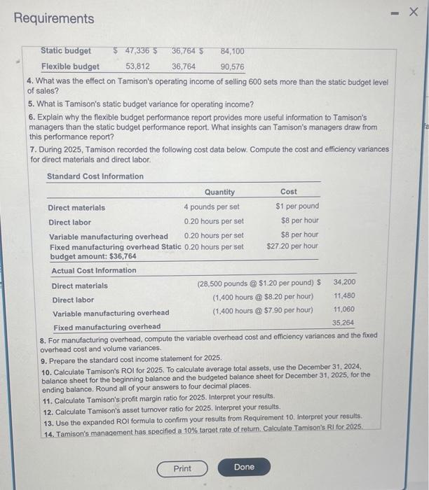 Prepare Tamison's operating budget and cash budget for 2025 by quarter. Required