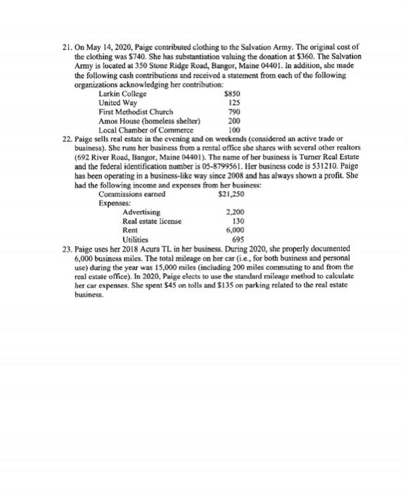 the following information to complete Paige Tumer's 2020 federal income tax retum.