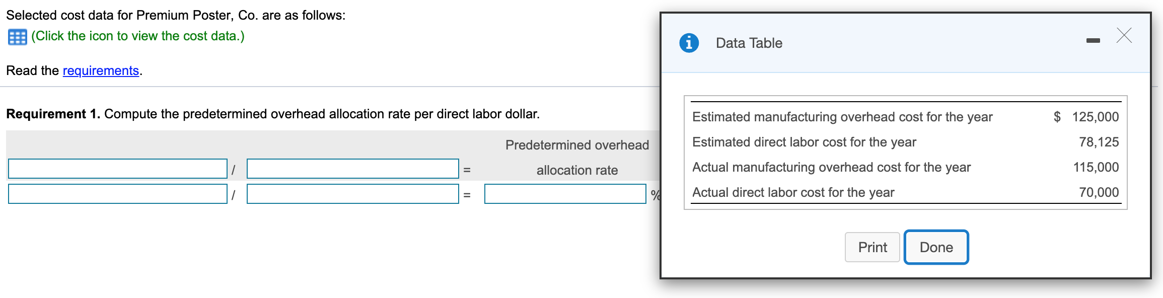 labor dollar. 2. Prepare the journal entry to allocate overhead cost for