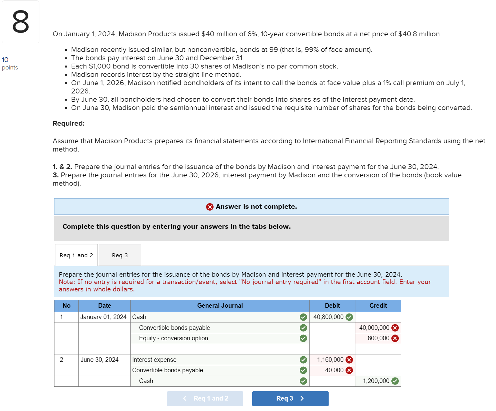  On January 1,2024, Madison Products issued $40 million of 6%,10-year convertible