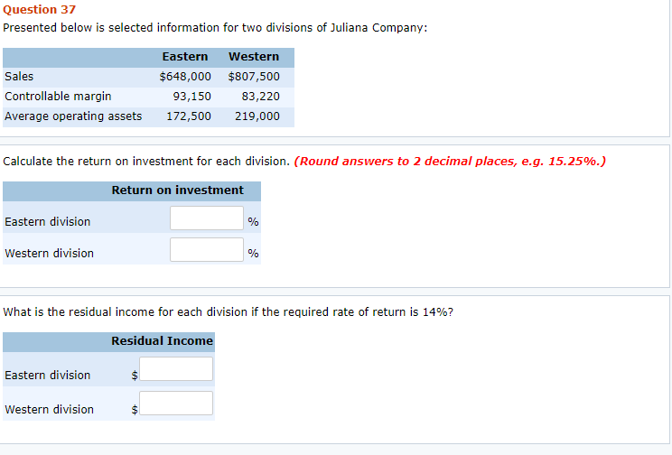 Question 37 Presented below is selected information for two divisions of