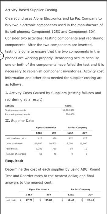 Numbers currently in the answer boxes are wrong Activity-Based Supplier Costing Clearsound