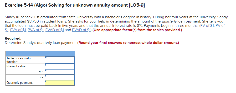  Exercise 5-14 (Algo) Solving for unknown annuity amount [LO5-9] Sandy Kupchack