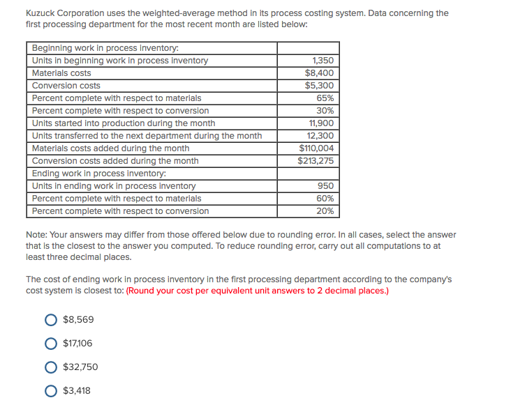  Kuzuck Corporation uses the weighted-average method in Its process costing system.