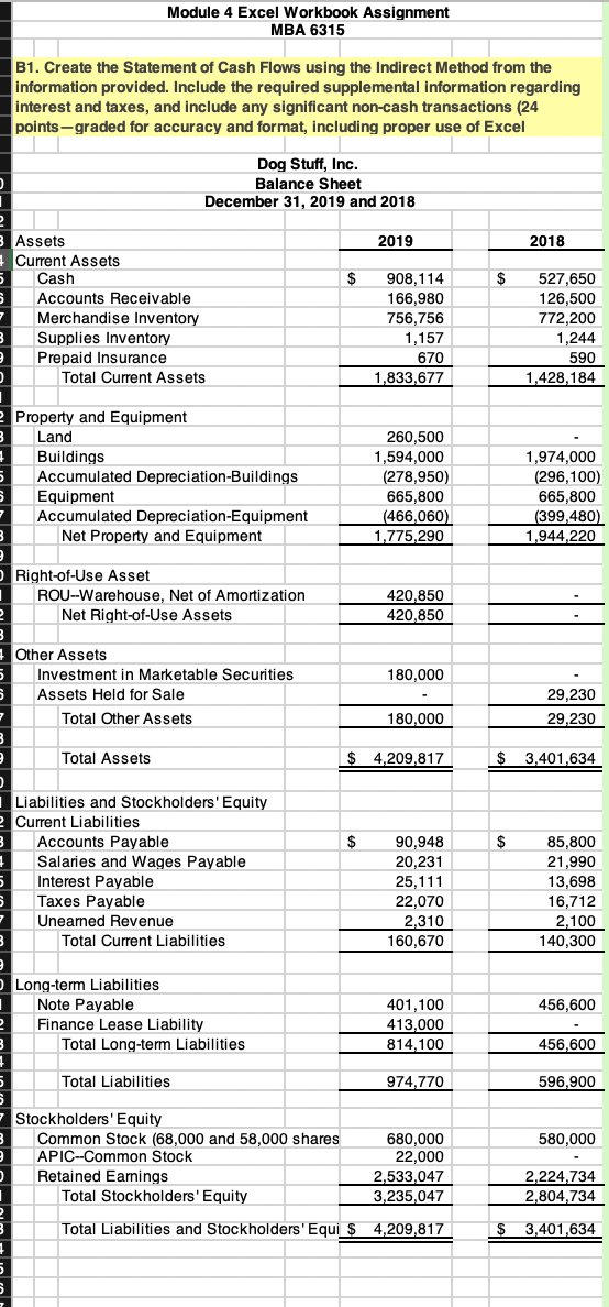Module 4 Excel Workbook Assignment MBA 6315 B1. Create the Statement
