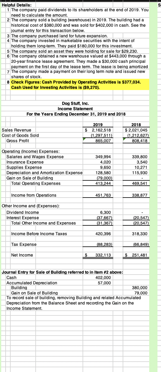 of Cash Flows using the Indirect Method from the information provided. Include