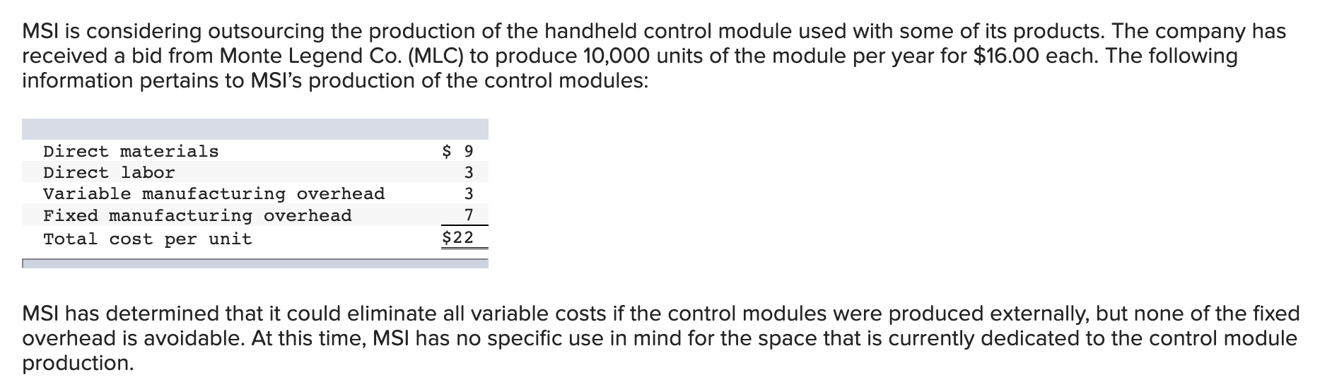 Required: 1. Compute the difference in cost between making and buying