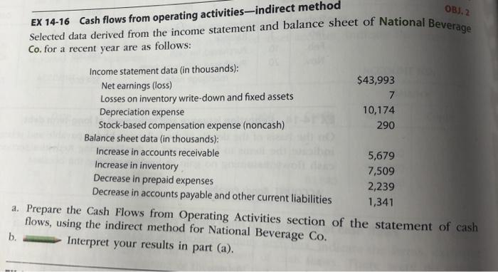  OBJ. 2 EX 14-16 Cash flows from operating activities-indirect method Selected