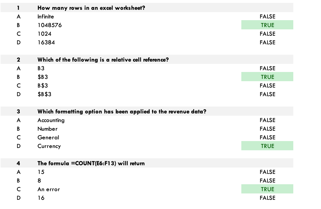 1 FALSE B How many rows in an excel worksheet? Infinite