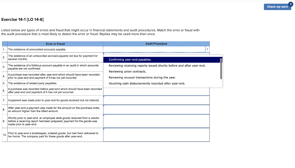 Check my work Exercise 14-1 [LO 14-6] Listed below are types