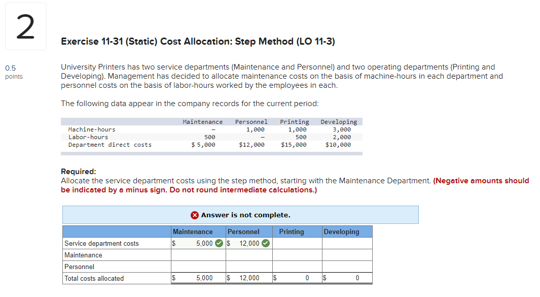  Exercise 11-31 (Static) Cost Allocation: Step Method (LO 11-3) University Printers