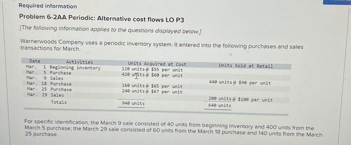 please help Required information Problem 6-2AA Periodic: Alternative cost flows LO P3