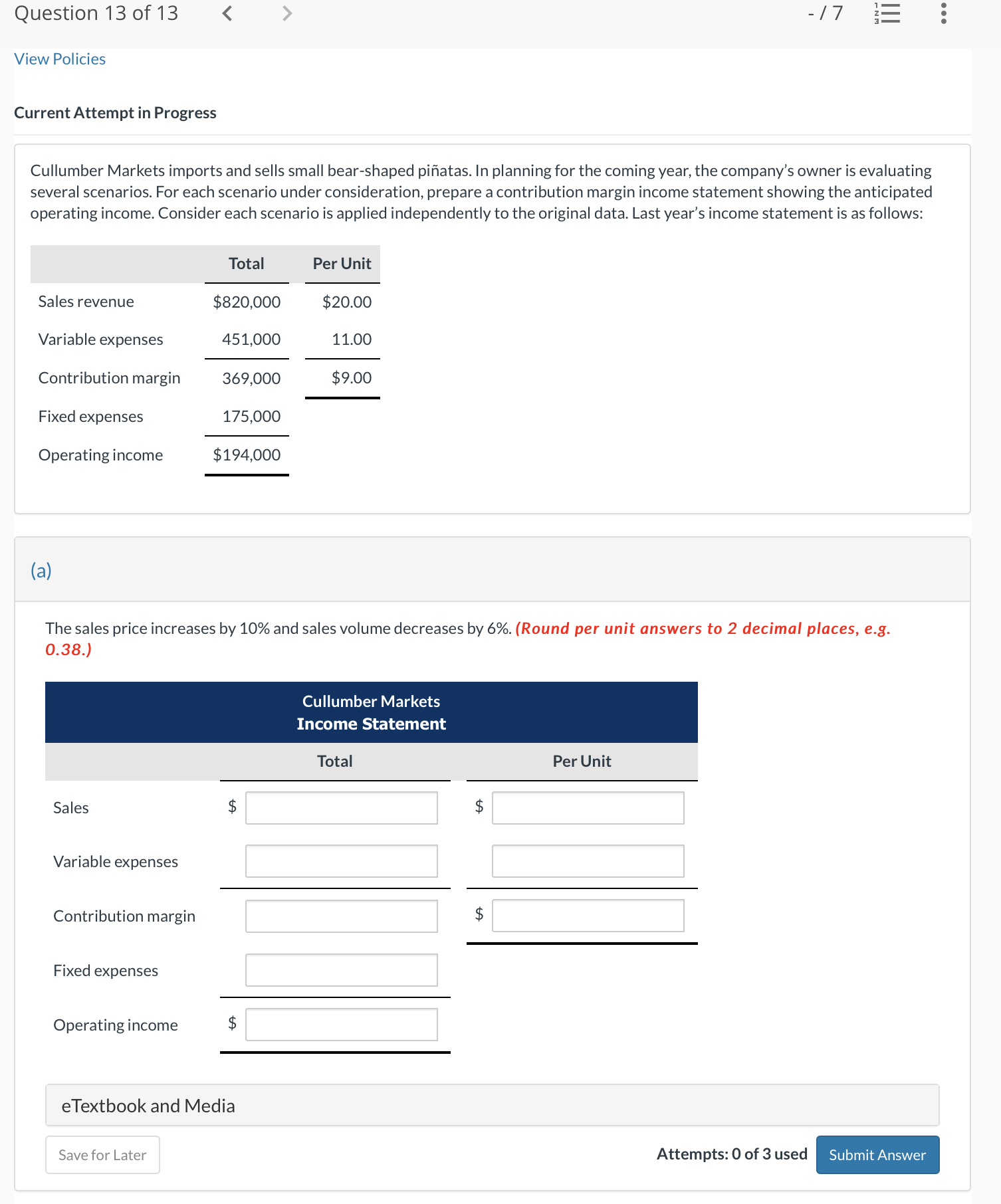  The sales price increases by 10% and variable cost per unit