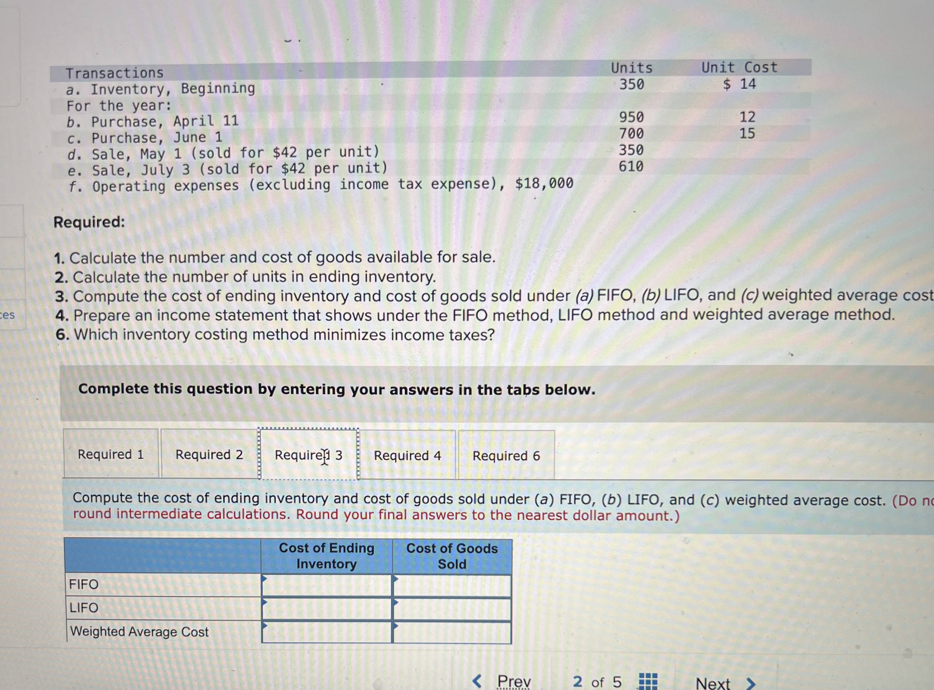  Transactions a. Inventory, Beginning For the year: b. Purchase, April 11