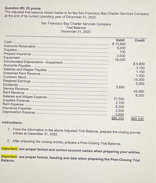  Question \#5: 25 points The adjusted trial balance shown below is