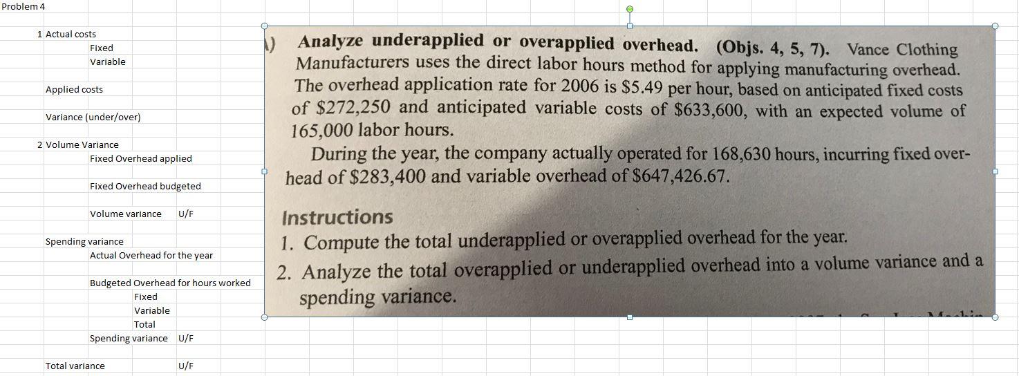 Problem 4 1 Actual costs Fixed Variable Applied costs Analyze underapplied