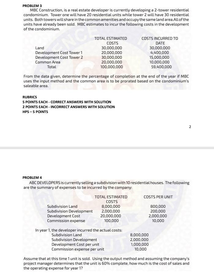 PROBLEM 3 MBC Construction, is a real estate developer is currently