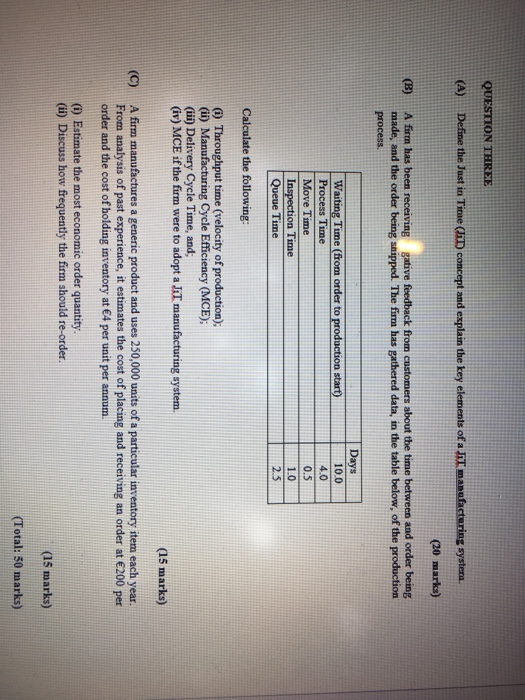  QUESTION THREE (A) Define the Just in Time (Jin) concept and